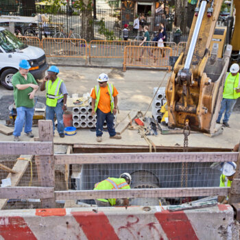 Construction on a busy road in New York.